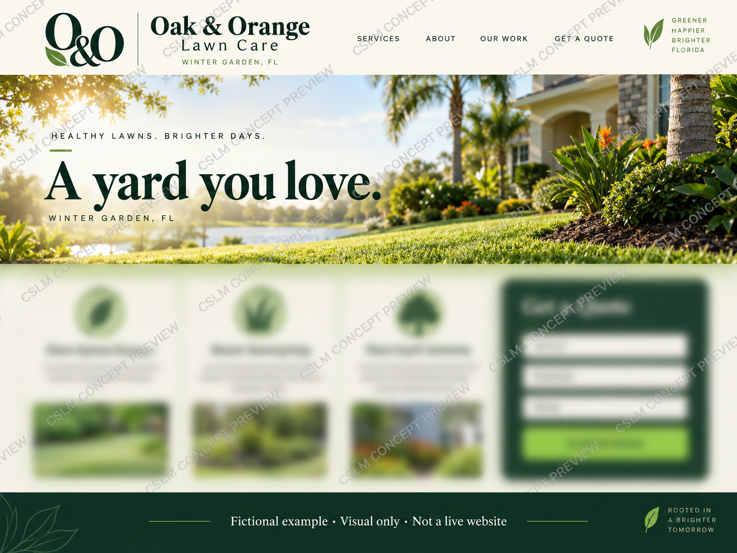 Watermarked fictional lawn-care website concept used to demonstrate a possible small-business layout